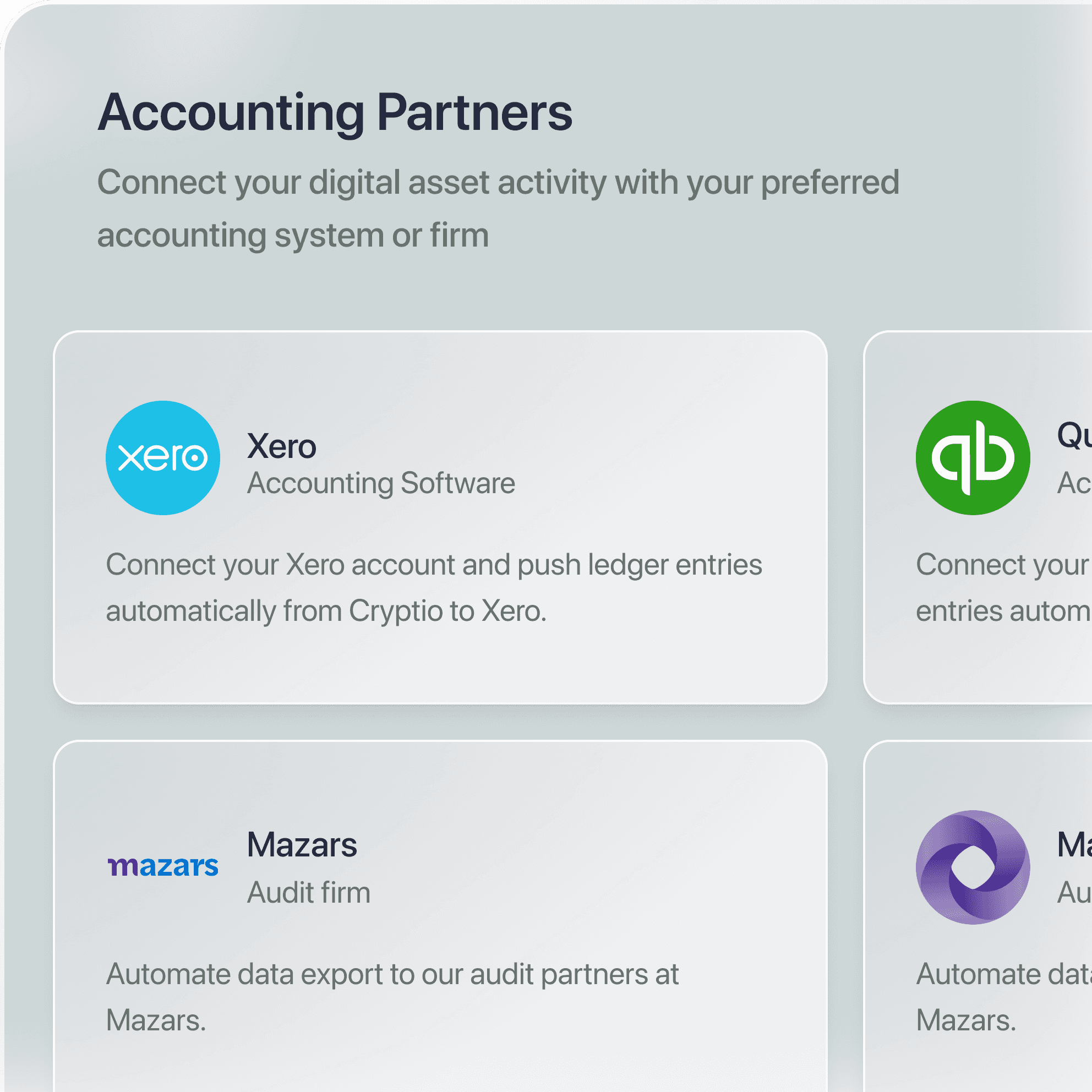 Some accounting partners of Cryptio: Xero, Quickbooks, Mazars