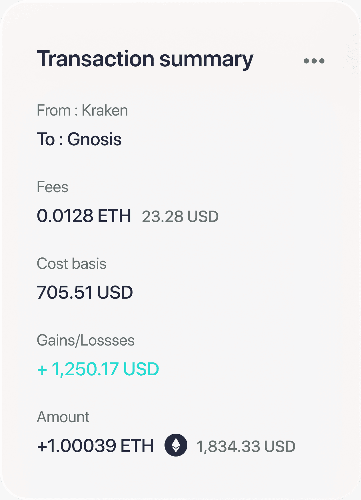 Summary of a transaction from Kraken to Gnosis, which contains the date of the transaction, the transaction type and the transaction amount