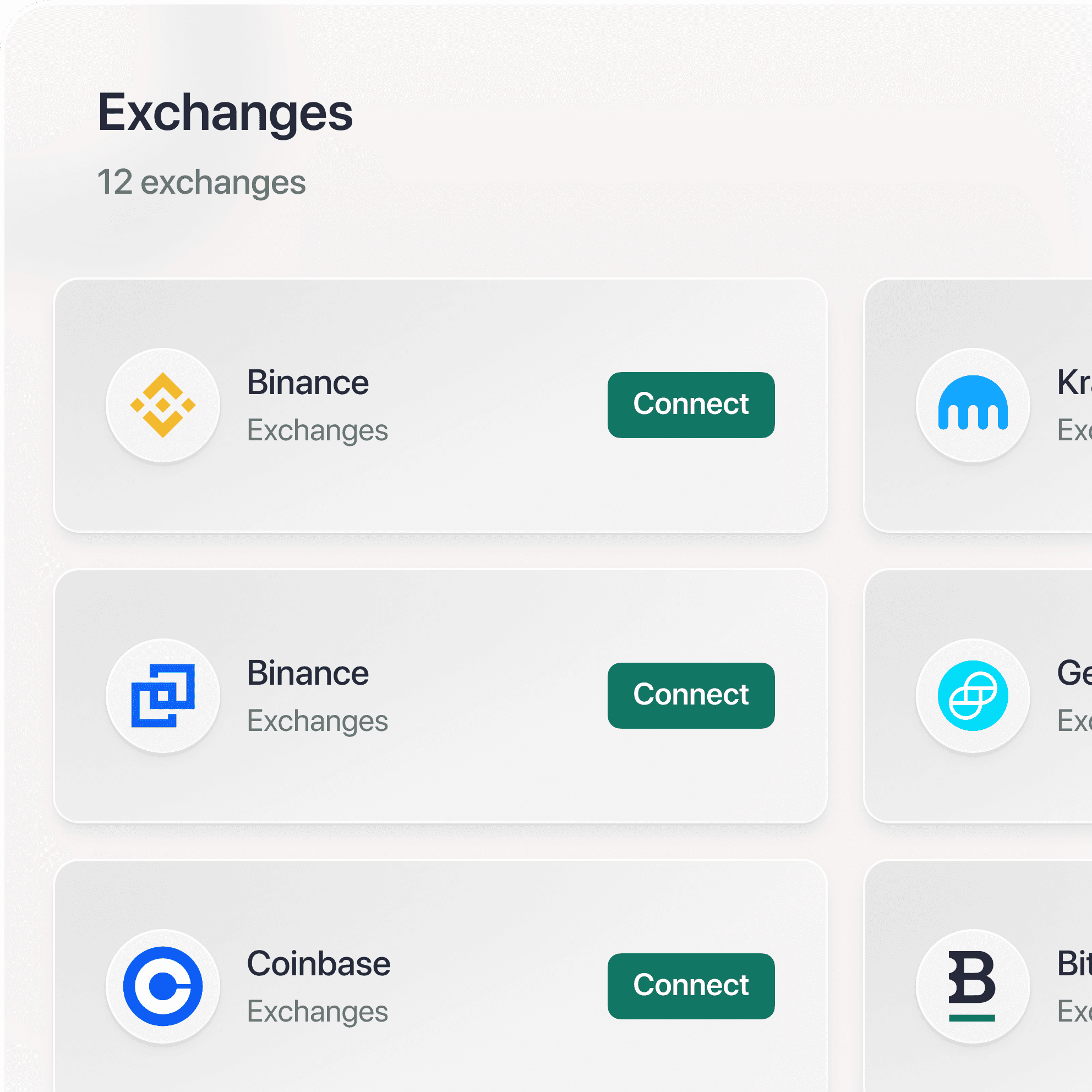 Table containing the different exchanges supported by Cryptio. 
