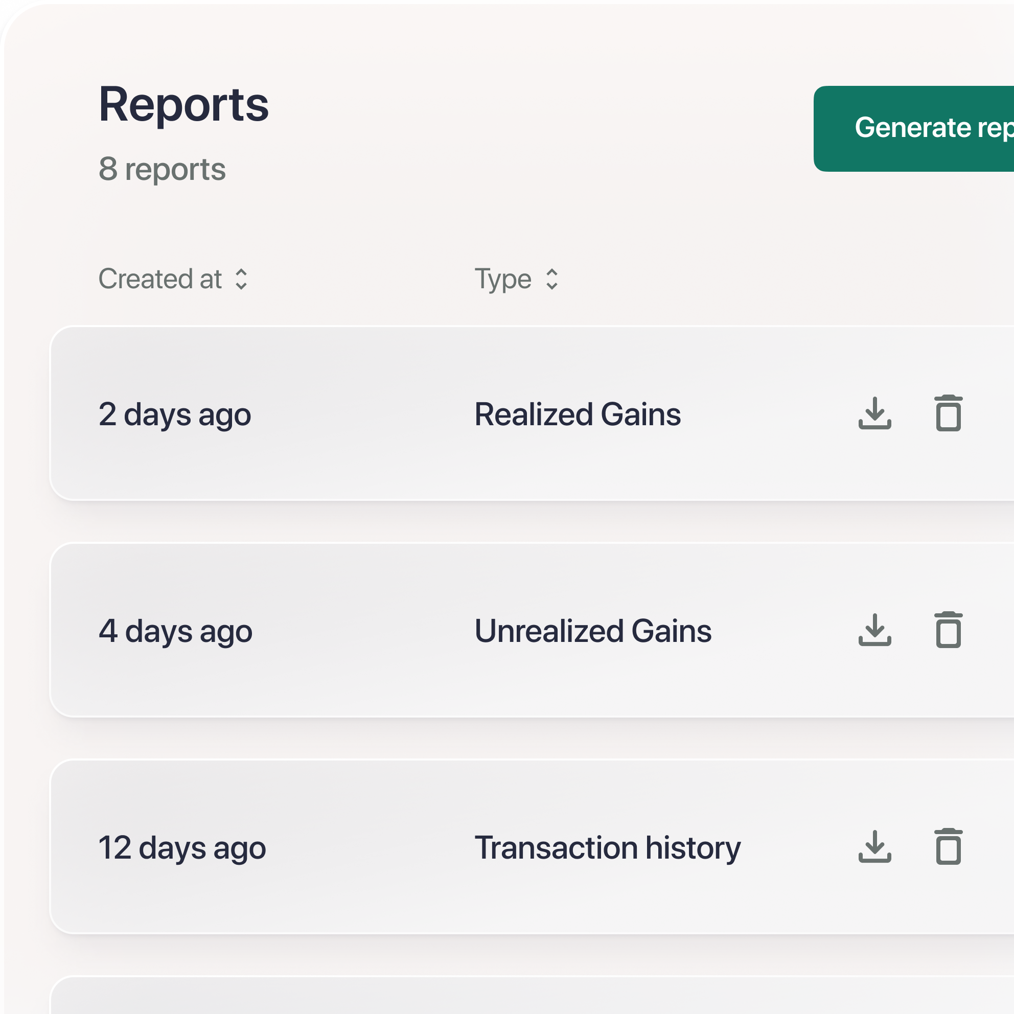 Table showing three types of reports available in Cryptio: Realized gains, Unrealized gains and Transaction History.