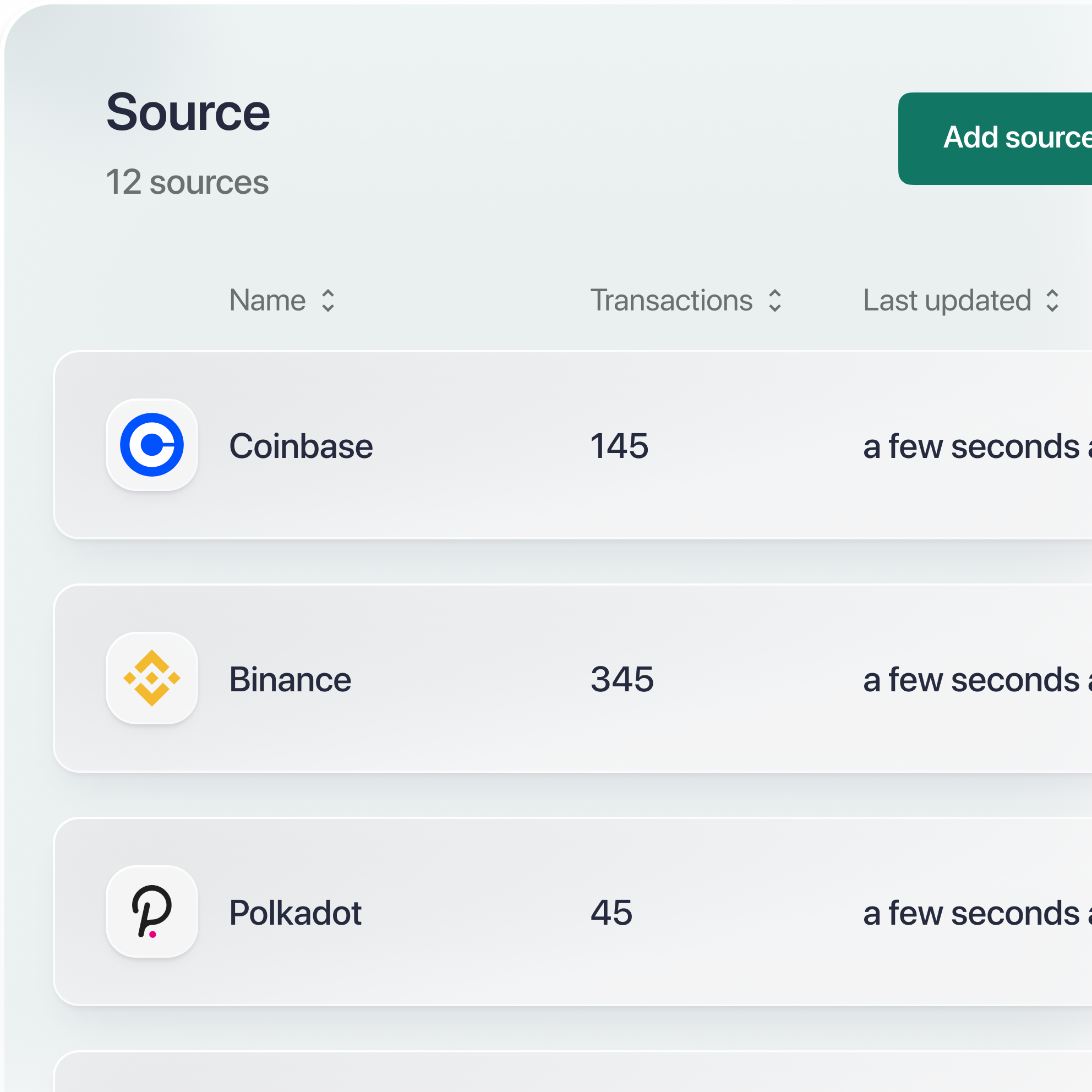 Table containing three transaction sources available in Cryptio: Coinbase, Binance and Polkadot.